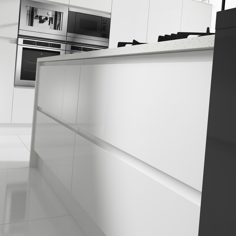 Integrated handle kitchen door in gloss white